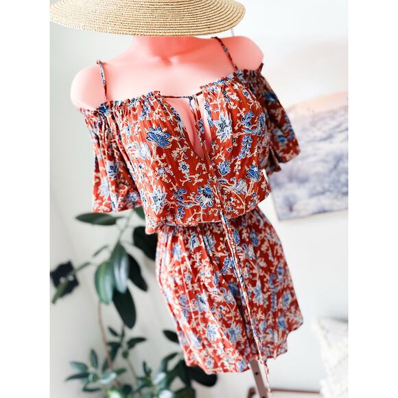 Wild Blooms at Golden Hour Flowy Boho Floral Off Shoulder Romper - Picture 1 of 8